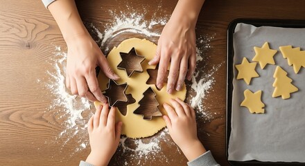 Top-down view of an adult and child's hands using festive cookie cutters to make holiday cookies on a floured wooden table, with cut-out shapes on a baking sheet.