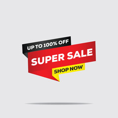 Super Sale Banner Vector – 100% Off Editable Web Design – Black, Yellow & Red Abstract