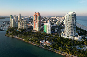 Miami Beach skyline aerial view. Miami city from drone. Tropical Miami scene. Miami district sky view. Famous oceanfront. Panoramic coastline. South beach panorama view. Summer travel in Florida.