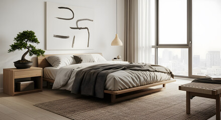 A minimalist bedroom with a low wooden bed, a bonsai tree, and a large window overlooking a city skyline.
