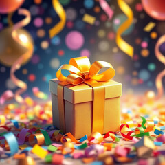 Brightly wrapped gift box with golden ribbon amidst colorful party decorations, celebration concept