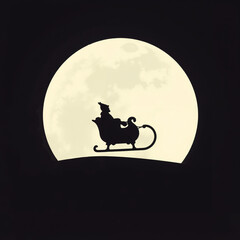 Silhouette of Santa in sleigh against full moon background, Christmas night concept