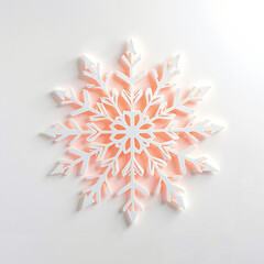 Beautiful white snowflake decoration with pink accents on light background, winter holiday concept
