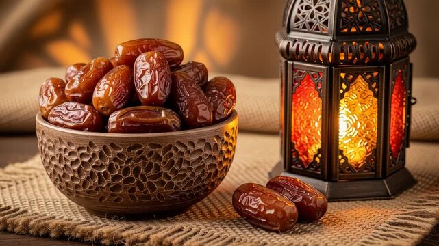 A cinematic scene of dates in an earthenware bowl with arabic lantern on a blurred background Ramadan and Eid al-Fitr concept