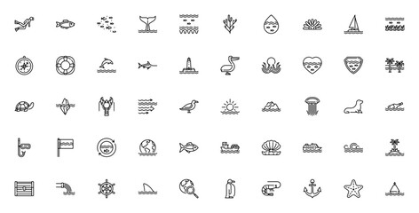 World Oceans Day icon set. Marine life vector illustations. Features scuba divr, whale, dolphin, shark, urtle, coral, sailboat, lihthouse, earth and more. Eitable stroke.