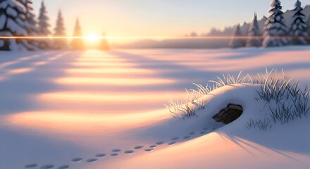 Winter Sunset Landscape with Snow and Footprints.