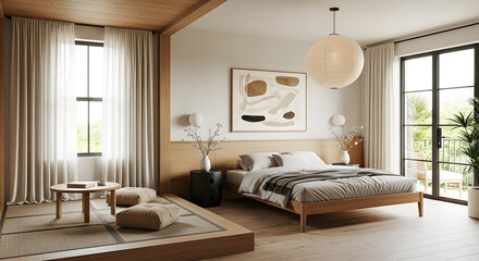Serene Japanese-inspired bedroom with tatami flooring, a low wooden coffee table, and a large window with flowing curtains.