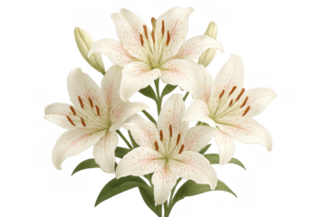 White lily flowers bouquet illustration, elegant blooming plant drawing, botanical nature artwork with transparent background