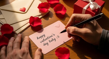 Close-up of hands writing a romantic Valentine's Day greeting card with red petals and a gift box.