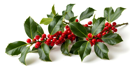 Vibrant red berries and glossy green leaves of a holly branch on a clean white background