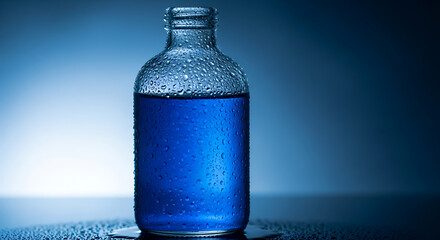 Clear glass bottle filled with vibrant blue liquid, condensation droplets glistening in dramatic lighting.