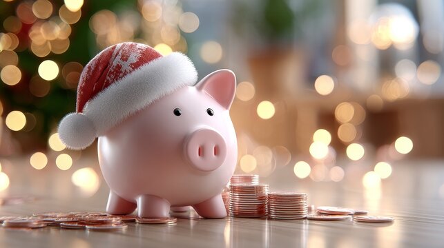 A pink piggy bank with Santa hat surrounded by coins, set against a festive background with blurred lights. - Powered by Adobe
