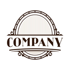 Vintage style logo with bold text, ornate circular frame, vertical lines, and elegant symmetrical flourishes