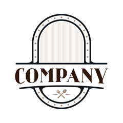 Elegant food themed logo with bold typography, shield motif, dotted border, and crossed fork spoon icon below