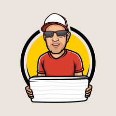 Cartoon character figure in red shirt and cap holds blank sign, framed by bold yellow circle with clean, vibrant design