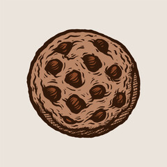 Hand drawn chocolate chip cookie with textured surface, rich brown tones, cross hatching details, and realistic, artistic style
