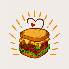 Vibrant sandwich illustration bursting with layers, heart accent above, radiant lines highlight love for delicious, colorful, stacked ingredients
