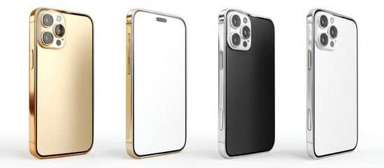 Four smartphones in gold, white, black, and silver showing back and front