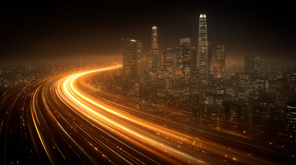 Obraz premium City Lights and Trails: A captivating nightscape showcases a bustling cityscape illuminated by streaks of light, weaving through the urban landscape, creating a sense of movement and vibrancy.