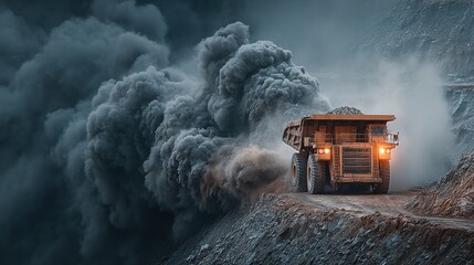 A large mining truck emitting pollution in an industrial environment scene of landscape