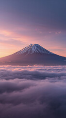 Fototapeta premium 雲海の上に姿を見せた富士山の稜線が初日の出の黄金色の光に染まり新しい年の幕開けと開運を象徴するような縦型構図の神秘的な日本の朝景を捉えたデザイン. 生成AI