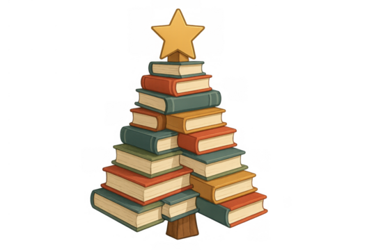 Books forming a christmas tree with a star representing festive season, learning, and holiday reading tradition