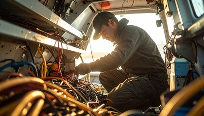 Marine Electrician Repairing Wiring Inside Boat Engine Compartment