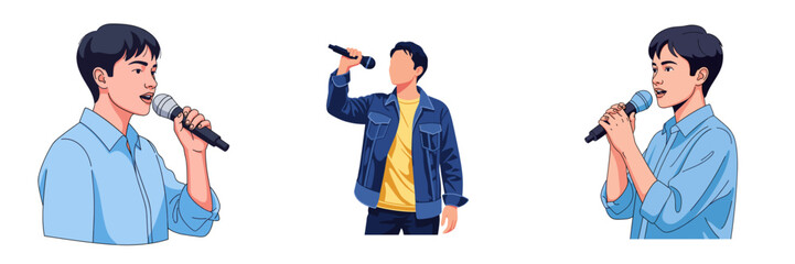 Person holding a microphone illustration set for music performance, karaoke and public speaking concept