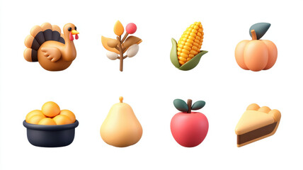 Thanksgiving 3D clipart Icon concept, Clip art 3d icon set of thanks giving food featuring autumn harvest with pumpkin pie turkey corn and apple