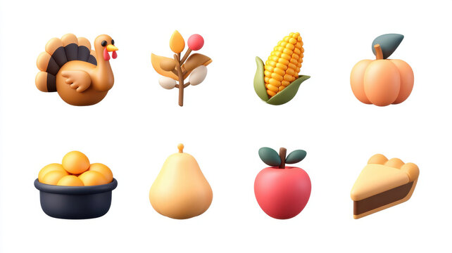 Thanksgiving 3D clipart Icon concept, Clip art 3d icon set of thanks giving food featuring autumn harvest with pumpkin pie turkey corn and apple