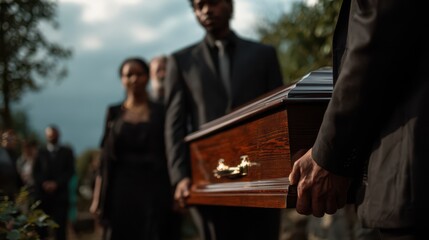 Group of people dressed in formal black clothing carrying wooden coffin during outdoor funeral procession, expressing grief, unity, and respect in somber farewell ceremony under cloudy sky