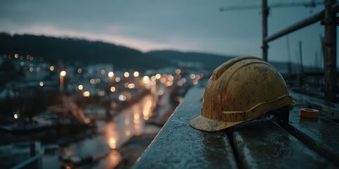 Yellow safety helmet resting on wet metal beam at construction site during rainy evening, with blurred city lights in background symbolizing hard work and dedication