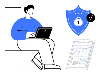 Person using laptop alongside a shield with a lock and clipboard with charts. Ideal for cybersecurity, data protection, analytics, digital growth, technology, remote work, simple flat metaphor