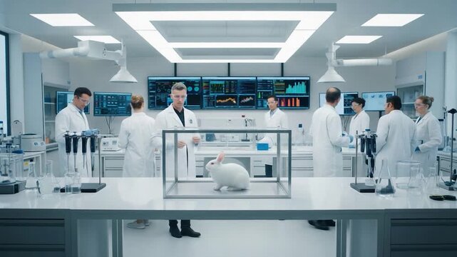 A medical lab with researchers studying a lab rabbit