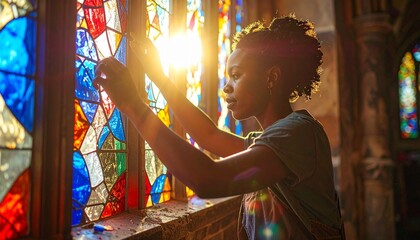 Obraz premium Stained Glass Restorer Fitting Colored Pane Into Church Window Frame