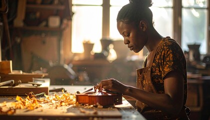 Luthier Carving Violin Bridge in Woodworking Studio With Natural Light