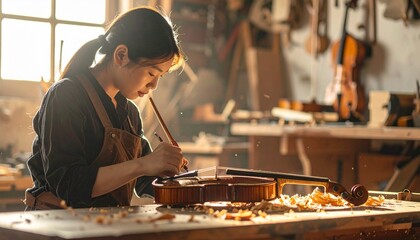 Luthier Carving Violin Bridge in Woodworking Studio With Natural Light