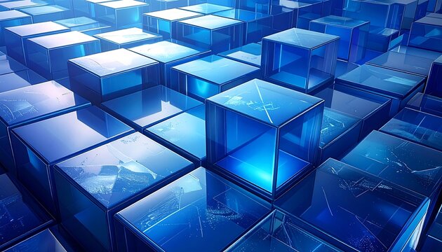 Abstract 3D arrangement of glowing blue glass cubes with light reflections