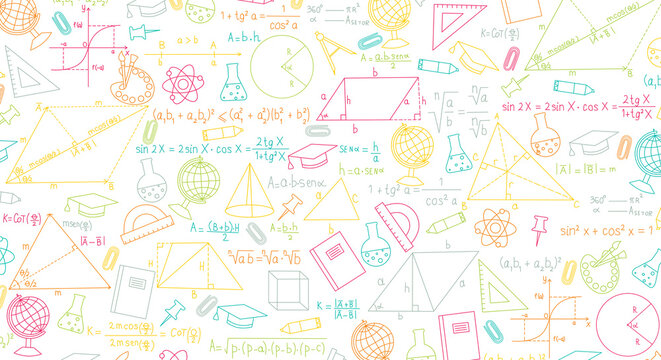 Illustrated formulas from school lessons, physics, chemistry, geometry, mathematics. Back to school. Illustration on a school theme.  concept science. Background on school and educational themes.