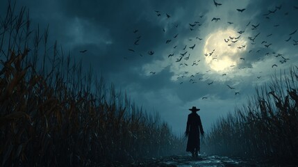 A haunting image of a silhouetted figure walking in a cornfield under a full moon