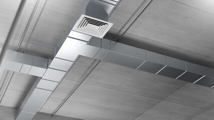 Ventilation system ducts installed on ceiling, providing air conditioning, heating and airflow...