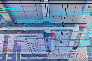 Building engineering design with HVAC ductwork and pipeline schematics overlayed on ceiling,...