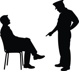 Police, interrogation, silhouette, authority, discipline, officer, suspect, questioning, law, justice, crime, uniform, chair, pointing, conflict, black, dramatic, scene, tension, enforcement