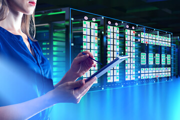 Data center specialist monitors digital server infrastructure with tablet and virtual interface, ensuring network security, storage management and IT operations.