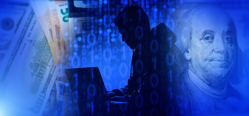 Silhouette of hacker at laptop overlaid with binary code and money, symbolizing financial cybercrime, online fraud, and digital security threats in the financial sector.
