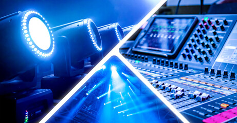 Collage showing stage lighting equipment, mixing console, and spotlights at an event venue, symbolizing concert production, audiovisual technology, and event management.