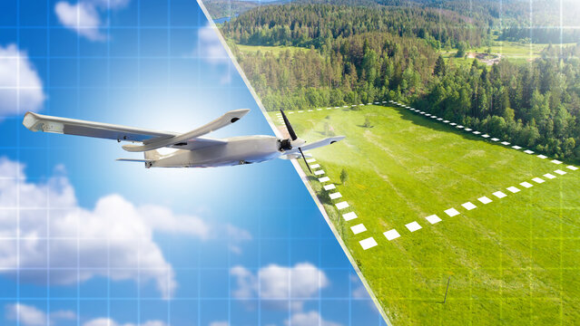 Aerial mapping drone surveys land area, capturing geospatial data for cartography, agriculture, construction planning and environmental monitoring.