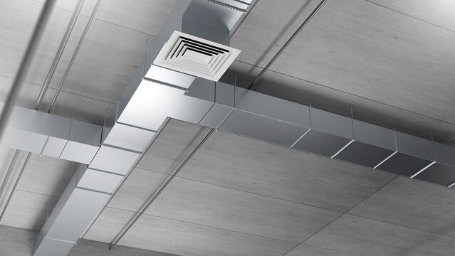 Ventilation system ducts installed on ceiling, providing air conditioning, heating and airflow control for industrial or commercial building infrastructure.
