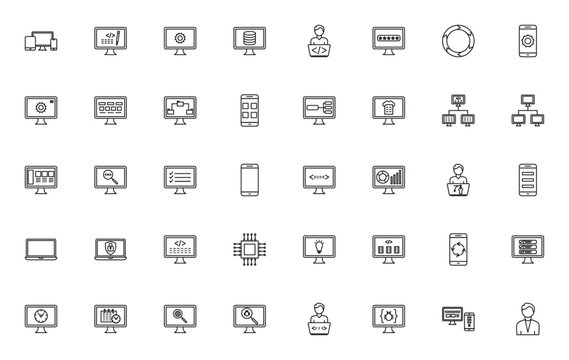 Computer Programming icon set. Vector illustration. ncludes symbols for code, pp development, database, X/UI design, debugging, clud coding, project managemnt and more. Editable stroe.