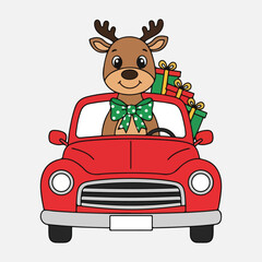 Cute reindeer driving red car with Christmas gifts, funny festive vector illustration for winter holiday cards.
